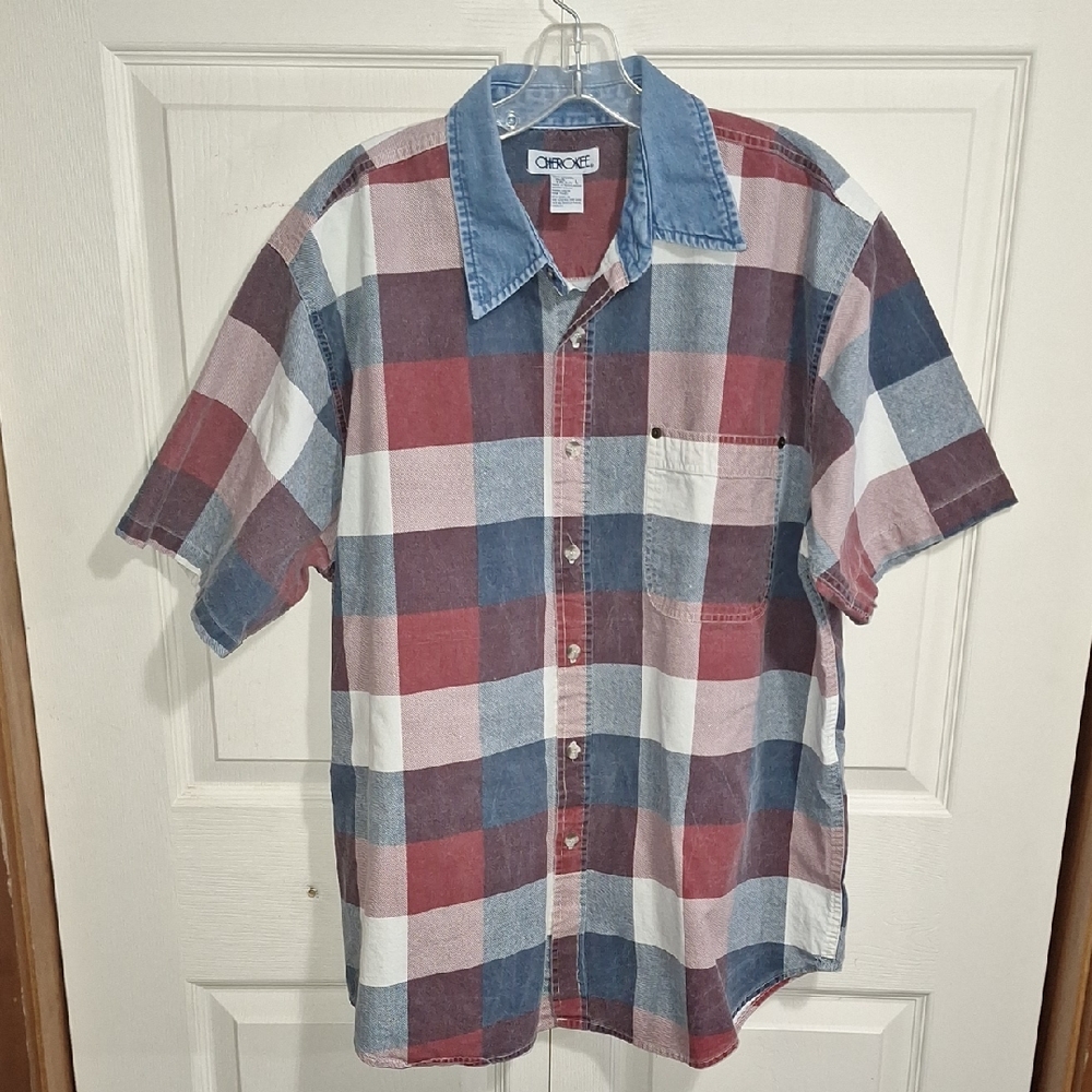 Cherokee Short-Sleeve Plaid Button-Down Shirt - Red Blue White Cotton Denim - L